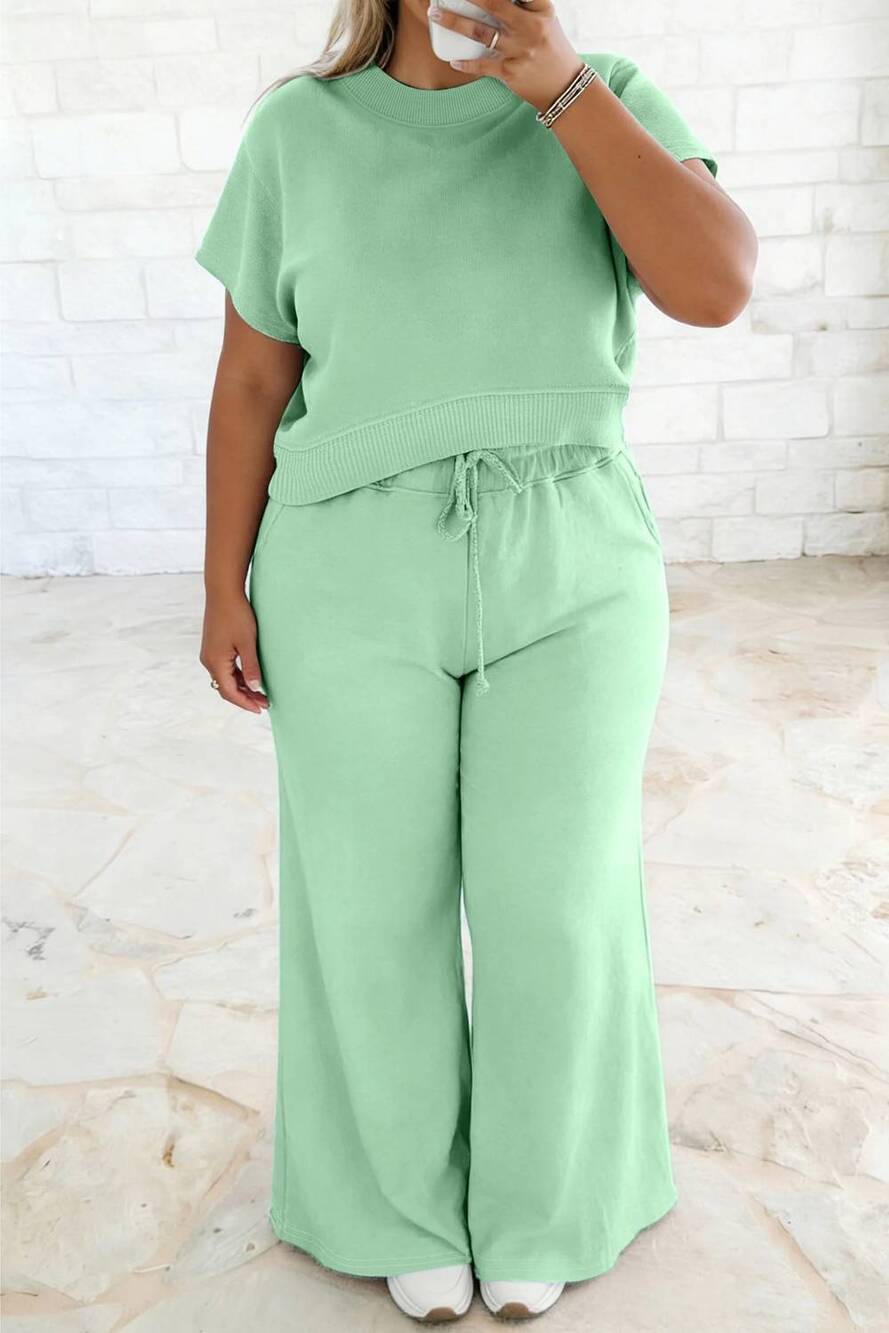 NEW SHEWIN solid ribbed trim short sleeve top drawstring pants sets in misty min